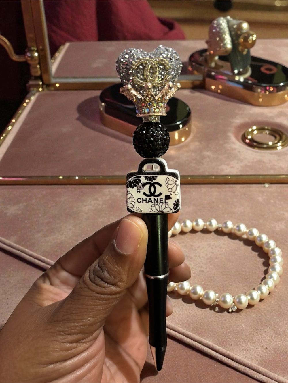 Handcrafted Black & Crystal Perfume Bottle Decorative Pen